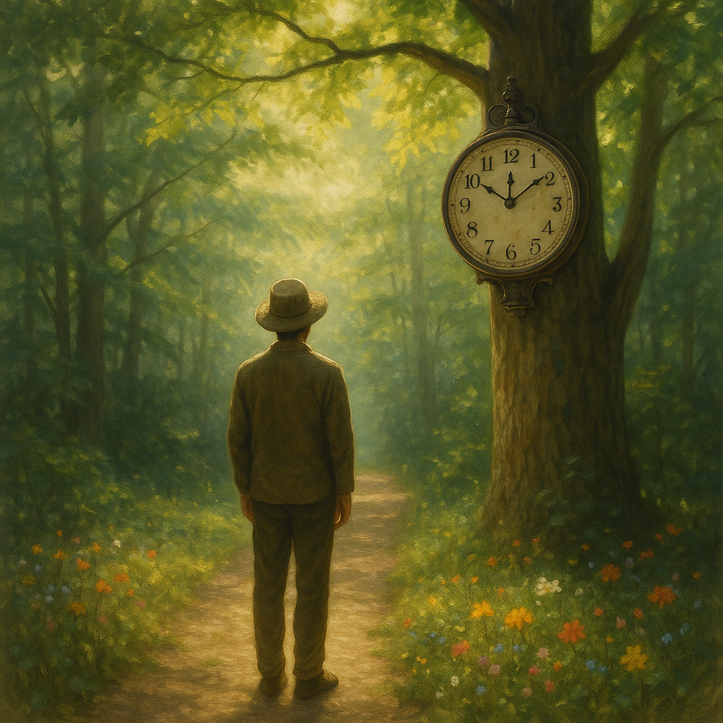 Une personne méditant sur un chemin forestier devant une horloge indiquant 11h11, entourée de fleurs sauvages et de lumière du soleil.