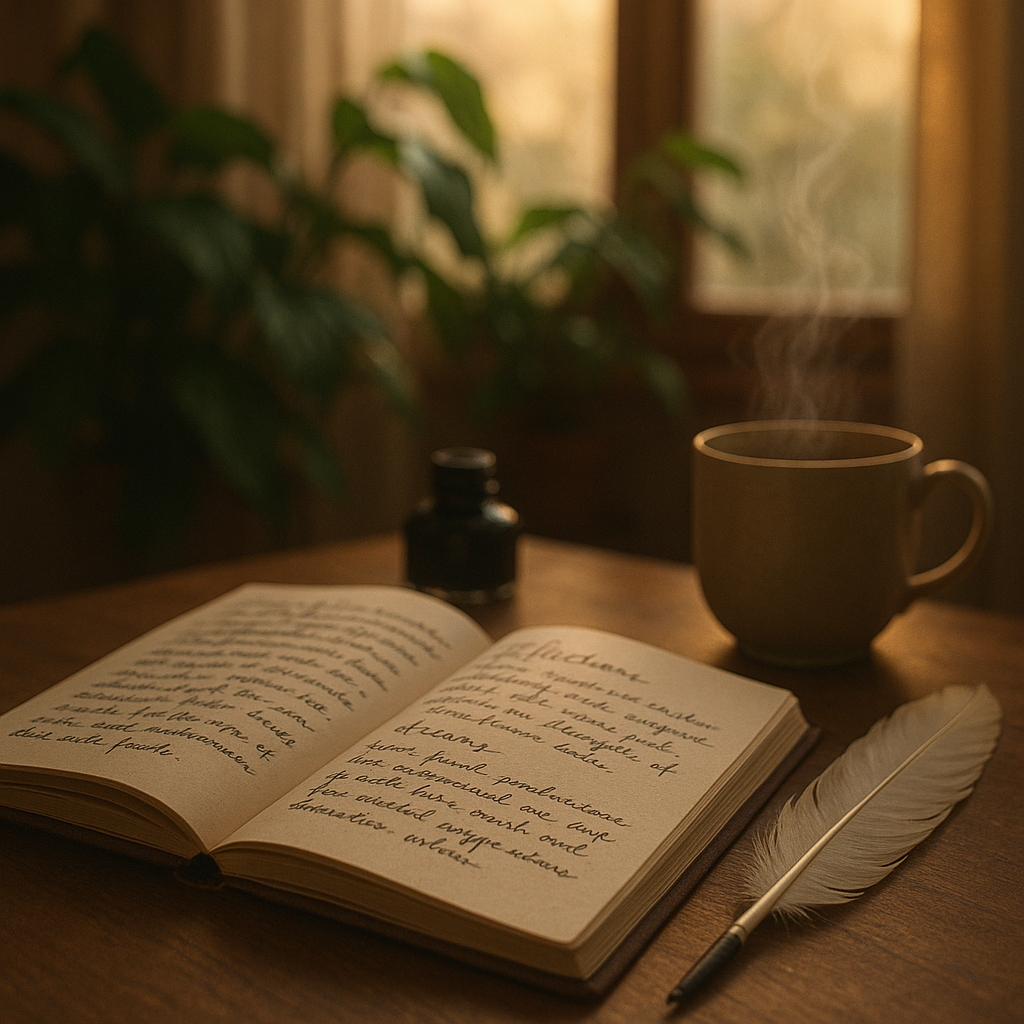 Carnet ouvert et plume sur une table, représentant l'introspection et la sérénité au moment de 19h19