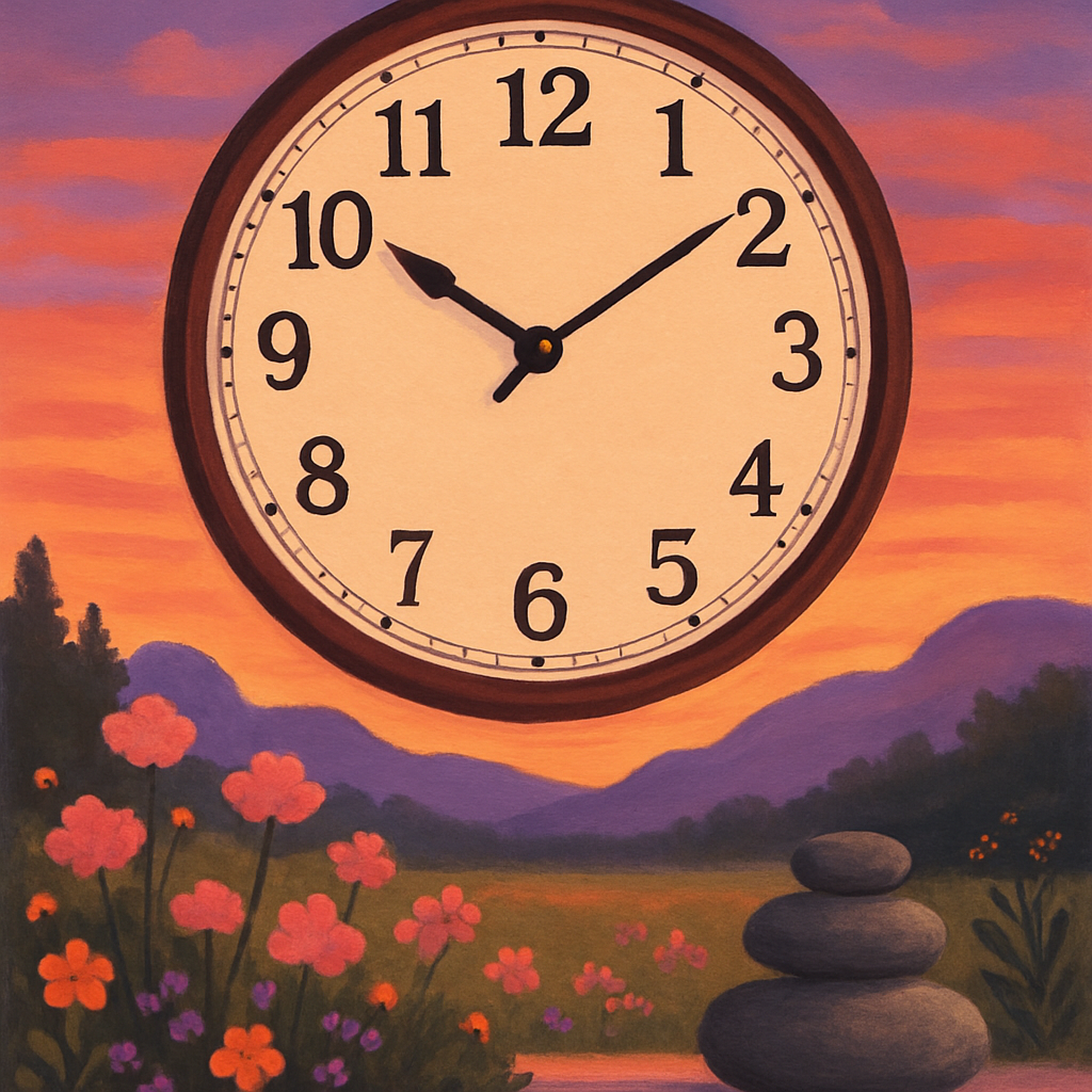 Horloge indiquant 19h19 avec un paysage apaisant au crépuscule et des pierres de méditation