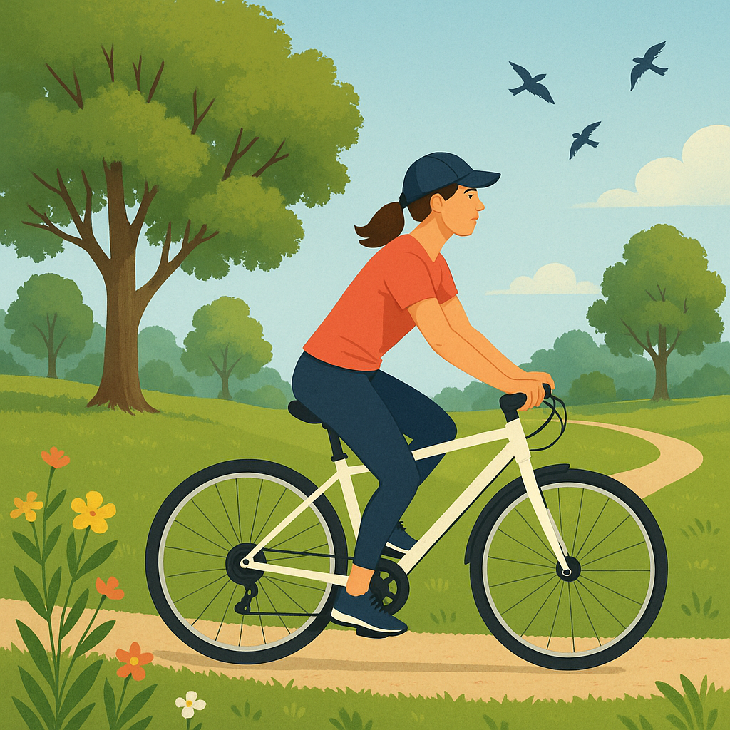 Personne faisant du vélo dans un parc verdoyant, symbolisant l'activité physique pour réduire le cholestérol.