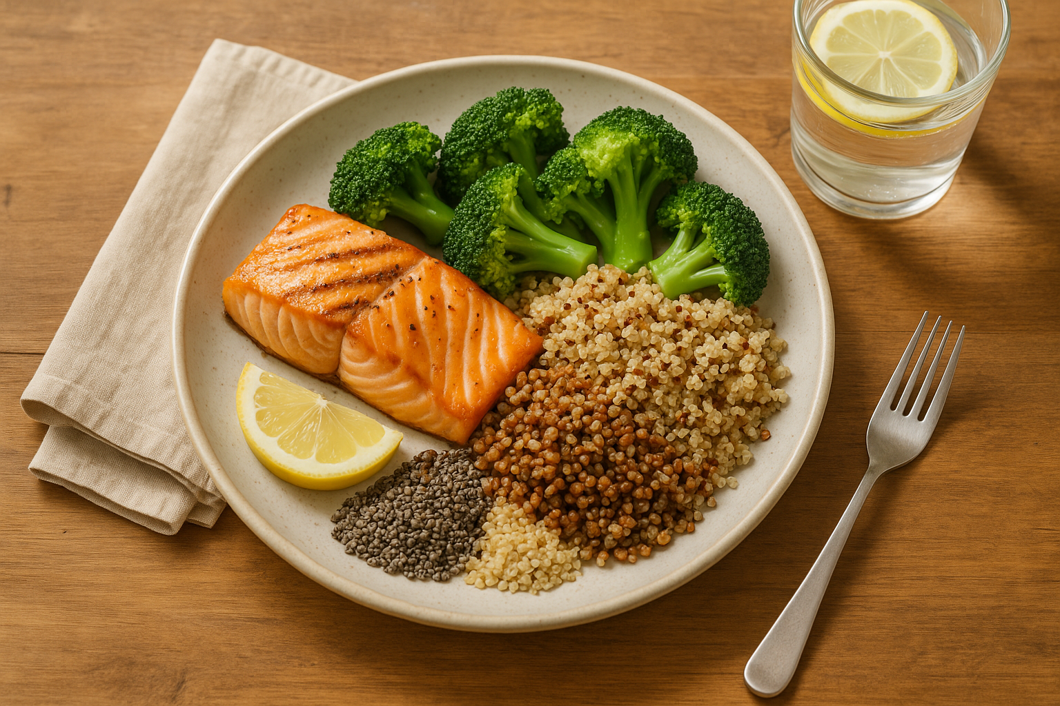 Assiette équilibrée avec poisson, légumes verts et céréales complètes