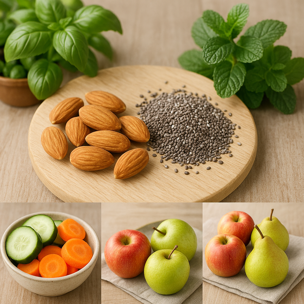 Montage d'aliments naturels coupe-faim comme des amandes, légumes et fruits.