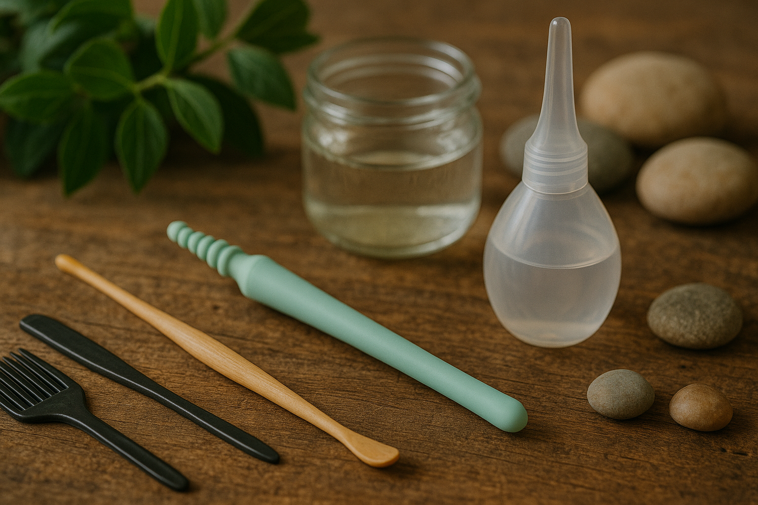 Image d'alternatives naturelles aux coton-tiges pour le nettoyage des oreilles sur une surface en bois.