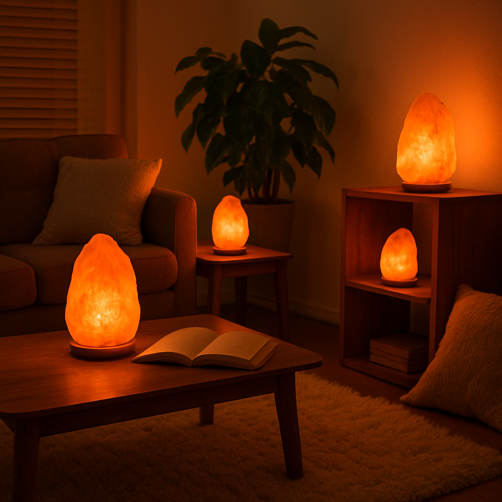Ambiance intérieure chaleureuse avec plusieurs lampes de sel de l'Himalaya créant une atmosphère relaxante.
