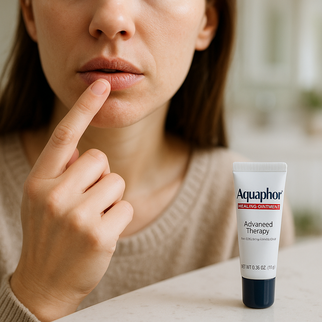 Application du baume réparateur Aquaphor sur des lèvres gercées dans une salle de bain lumineuse.