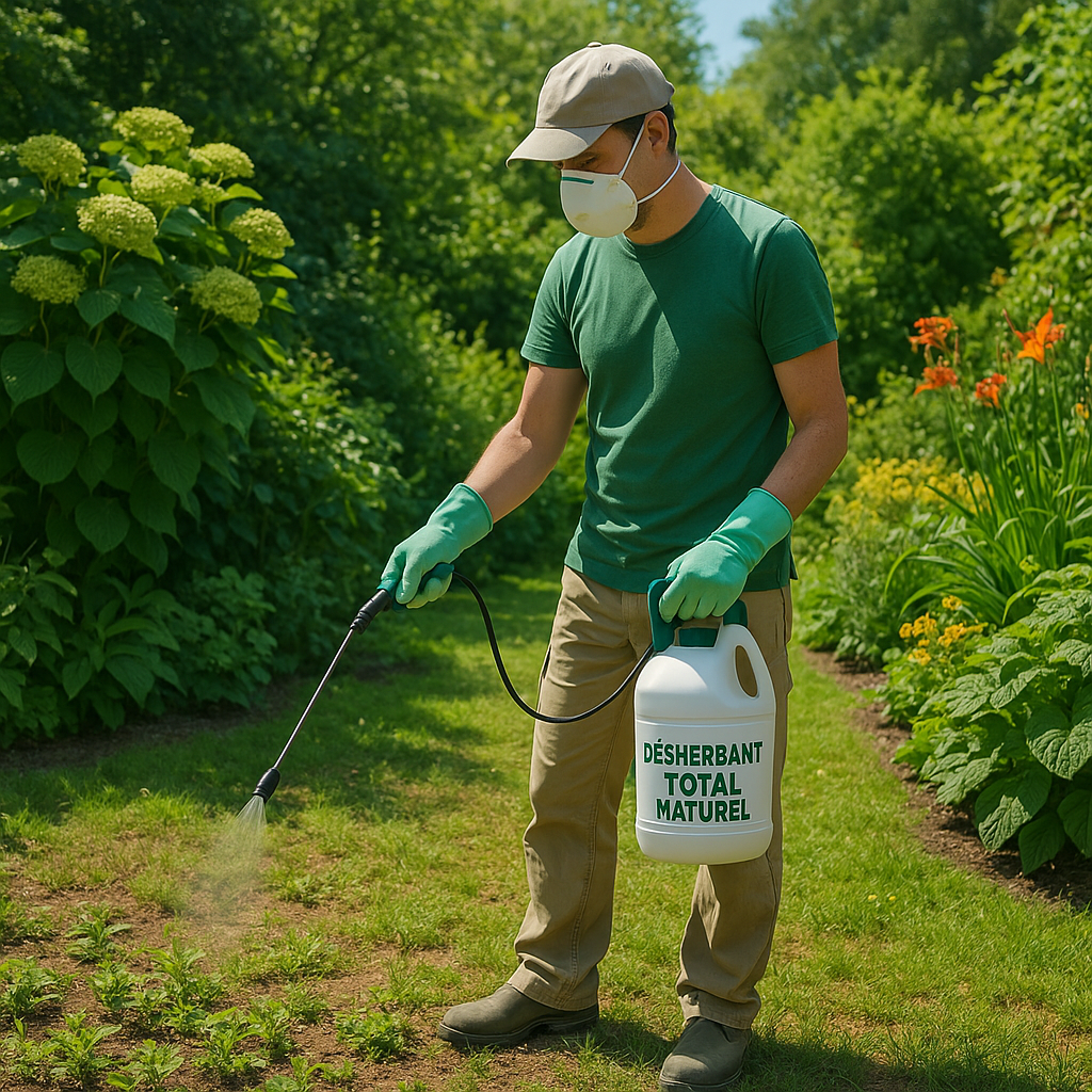 Une personne utilisant un désherbant total naturel dans son jardin, avec des mesures de sécurité en place.