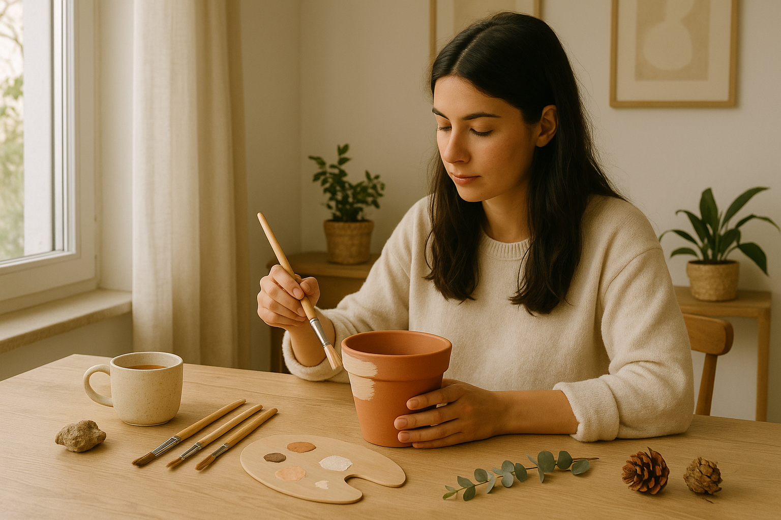 Jeune femme peignant un pot en terre cuite dans un intérieur lumineux, carnet et plantes autour d'elle