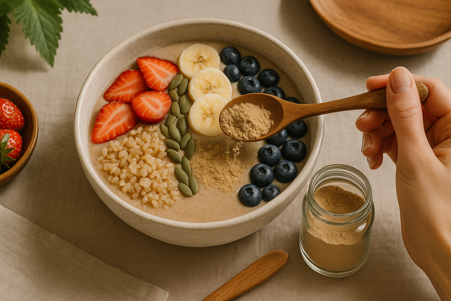 Cuillère de poudre d’Ashwagandha ajoutée à un bol de smoothie