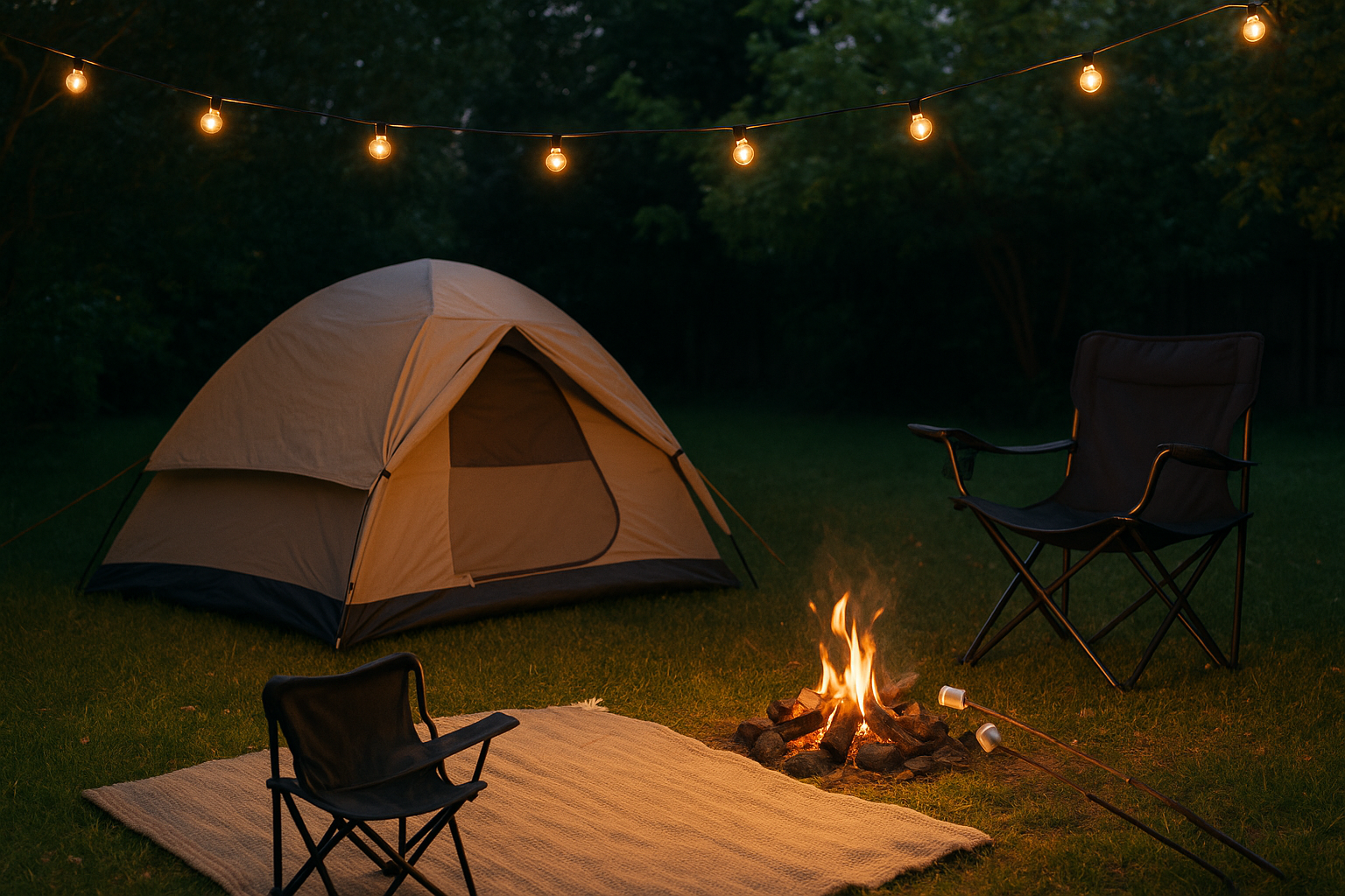 Tente et feu de camp dans le jardin au crépuscule