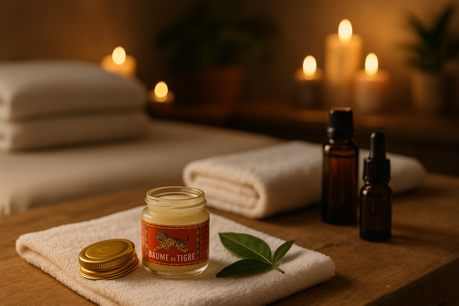 Table de massage préparée avec du Baume du Tigre et des bougies.