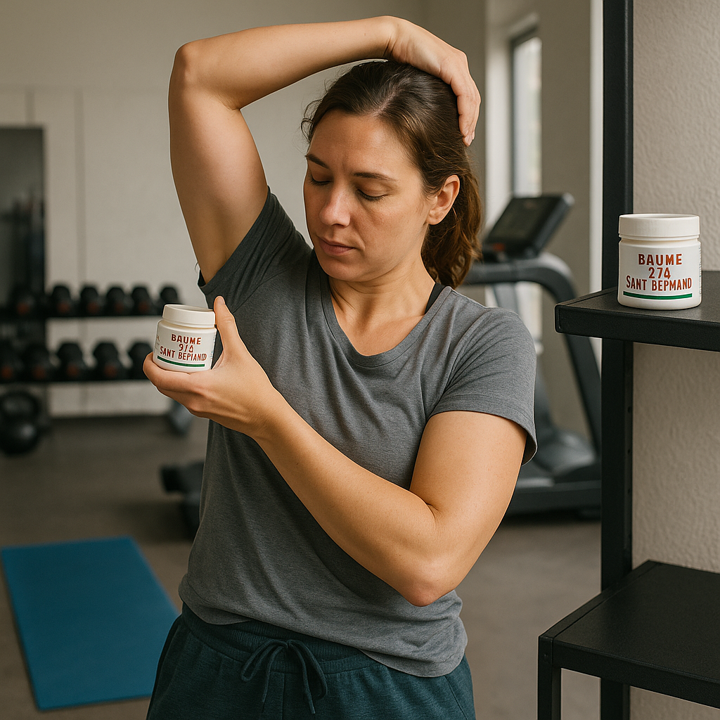 Une personne se frottant le muscle de la cuisse avec le Baume Saint Bernard dans un cadre relaxant.