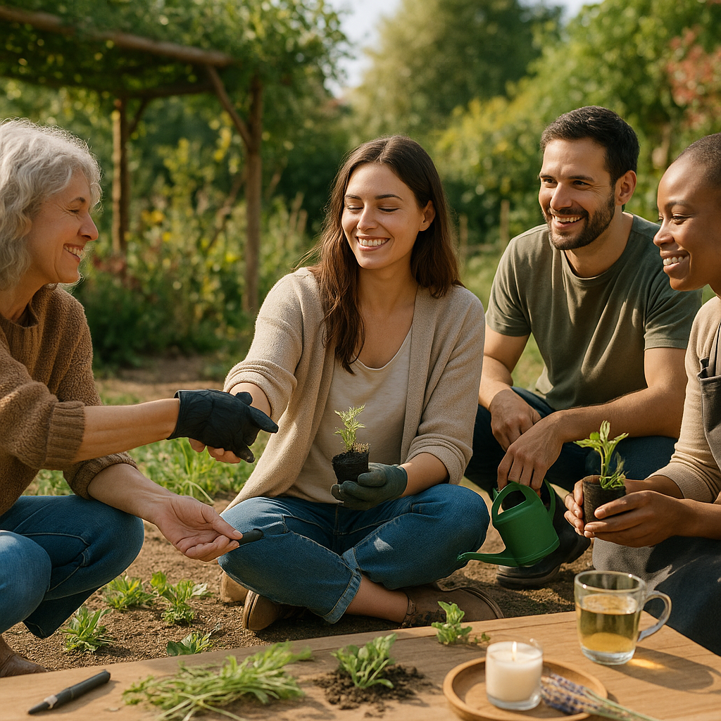 Moment de bénévolat dans un jardin collectif ensoleillé