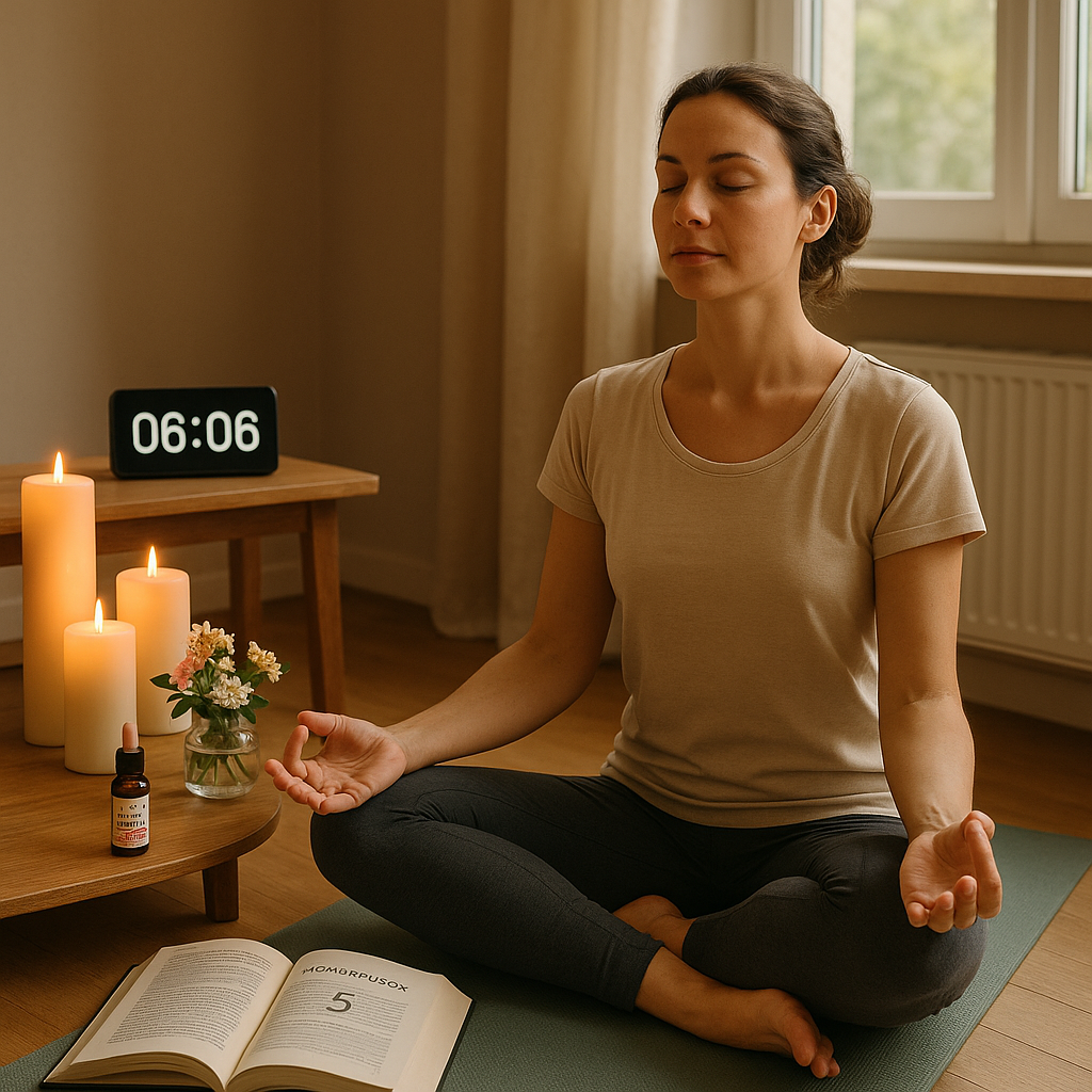 Une personne méditant en tailleur avec des bougies, des fleurs de Bach et un livre de numérologie autour d'elle.