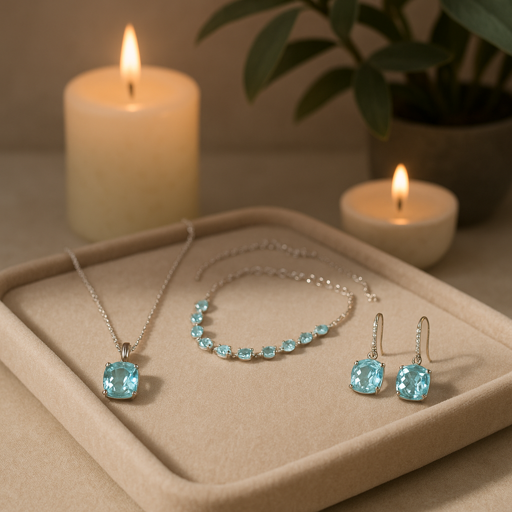 Collection de bijoux en aigue-marine sur un plateau, éclatants et élégants, évoquant le bien-être.