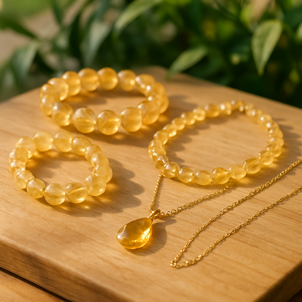 Bijoux en citrine sur une surface en bois, entourés de plantes vertes.