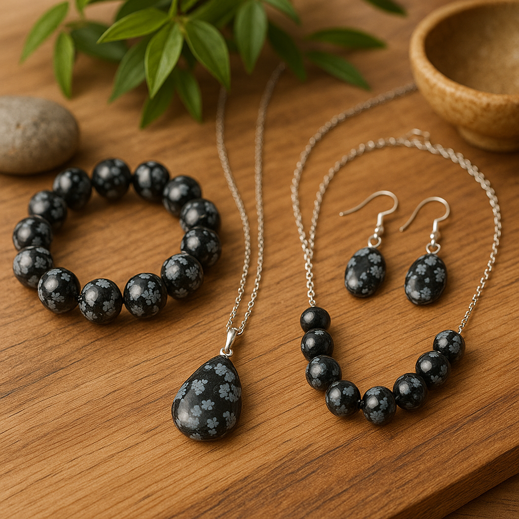 Bijoux en obsidienne neige sur un fond en bois, mettant en valeur leur beauté et leur éclat.