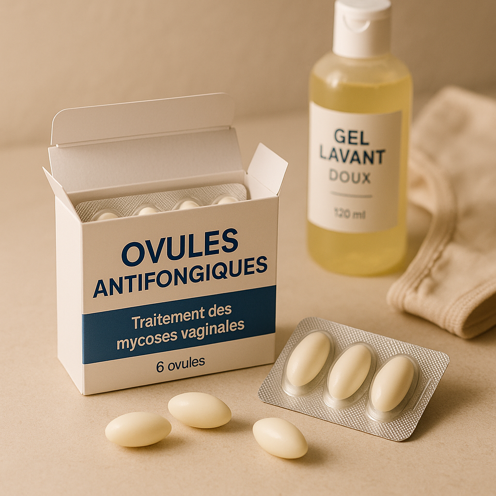 Boîte d'ovules antifongiques et produits d'hygiène intime pour la prévention des mycoses vaginales.