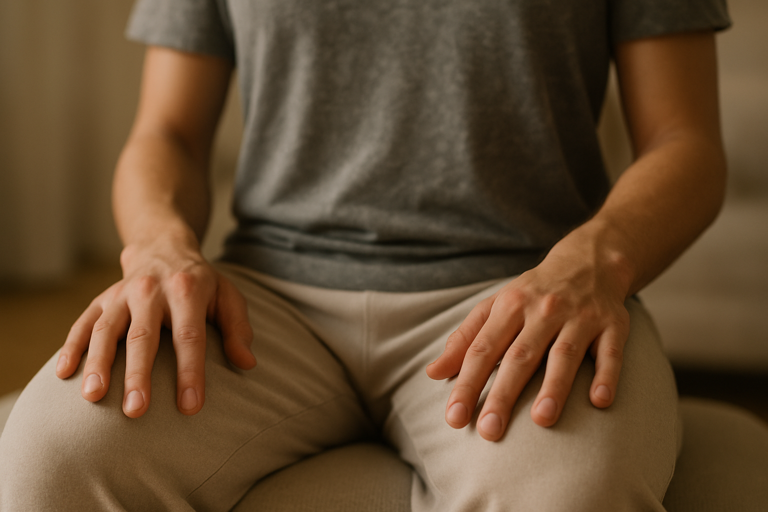 Mains posées sur les cuisses pour une respiration profonde