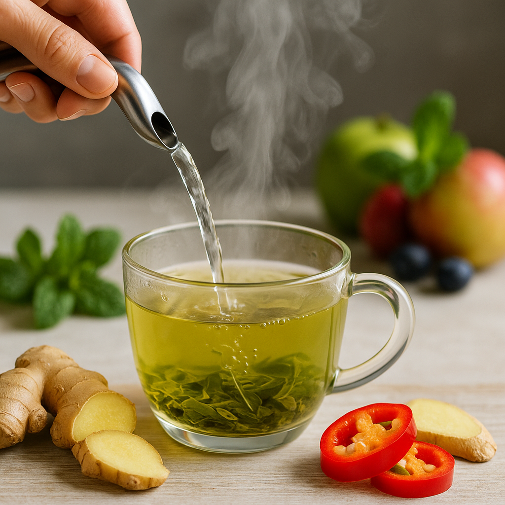 Plan rapproché d'une tasse de thé vert avec des tranches de piment et de gingembre sur un fond apaisant lié à la santé.