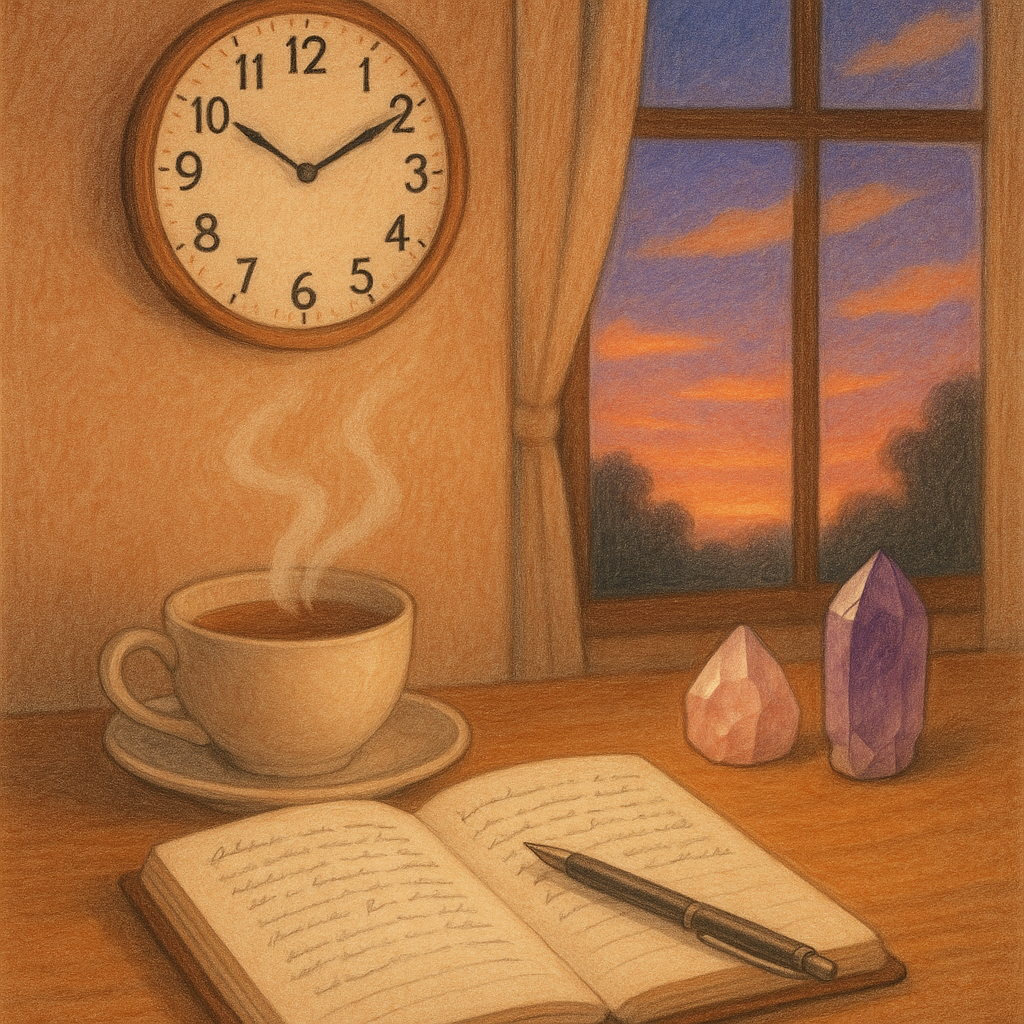 Scène quotidienne mettant en avant l'heure miroir 20h20 avec un bureau, une horloge et des cristaux.