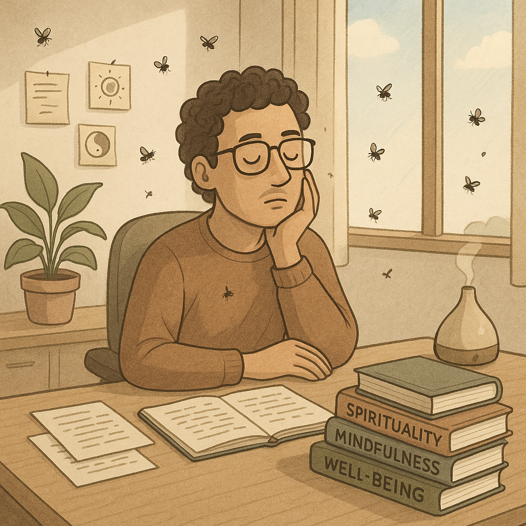 Scène d'un bureau paisible avec une personne réfléchissant, entourée de mouches volantes, symbolisant l'introspection et l'accompagnement spirituel.