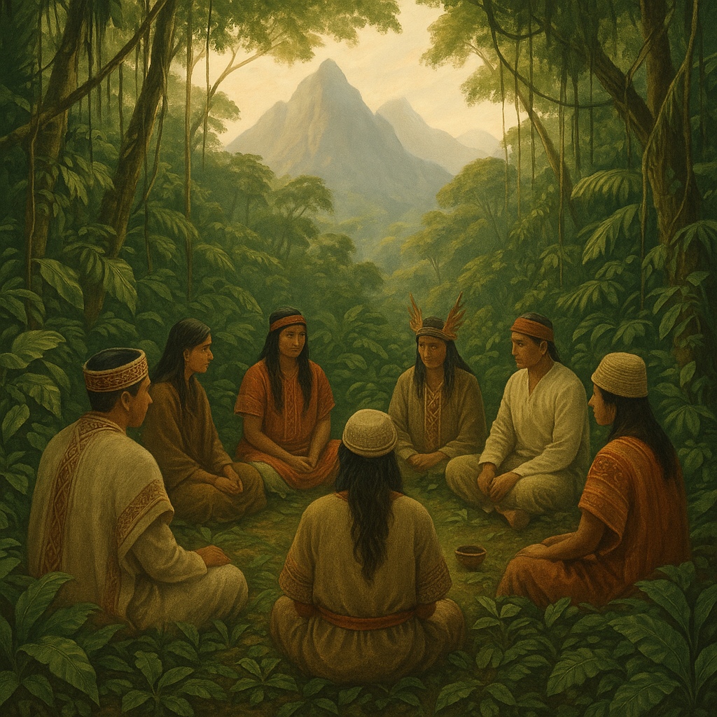 Participants en cercle pendant une cérémonie d'ayahuasca en pleine jungle, reflétant l'esprit de communion et de transformation.