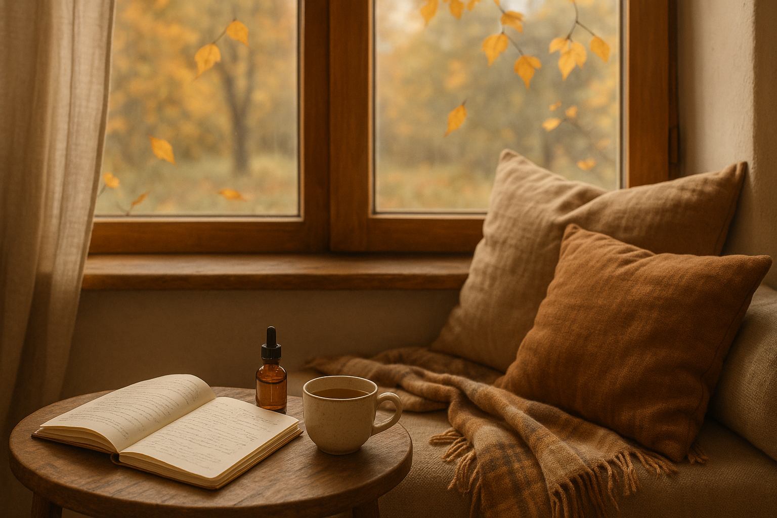 Coin lecture apaisant avec journal, fleurs de Bach et ambiance automnale