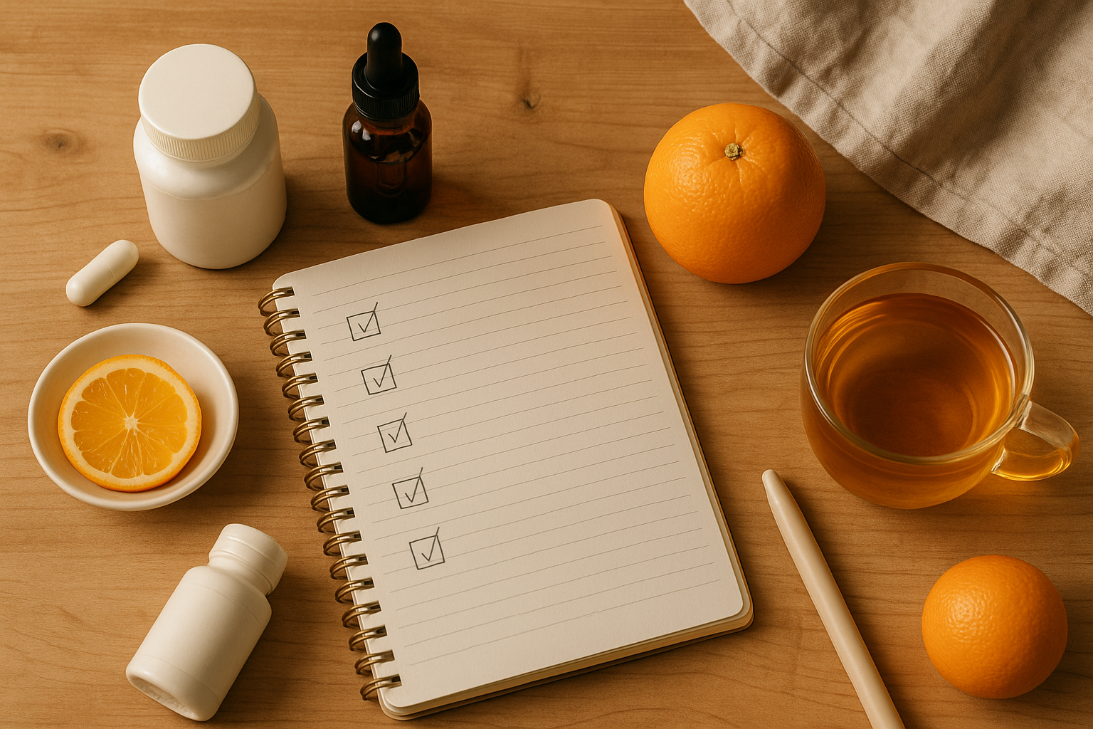 Carnet ouvert avec éléments de routine bien-être : Morosil, fleurs de Bach, orange sanguine et objets naturels