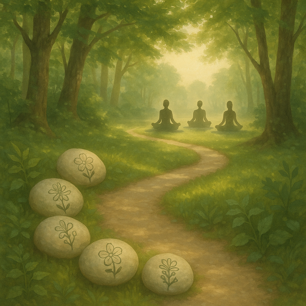 Un chemin forestier illustrant la quête spirituelle liée à l'heure 16h16, avec des pierres symboliques de fleurs de Bach et des silhouettes méditant à distance.