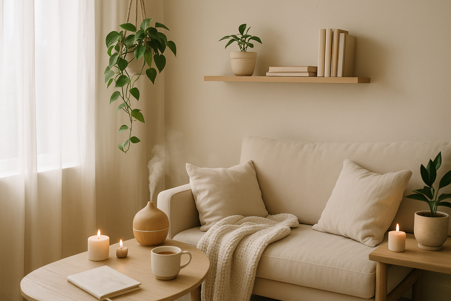 Coin lecture naturel et apaisant avec lumière douce et verdure