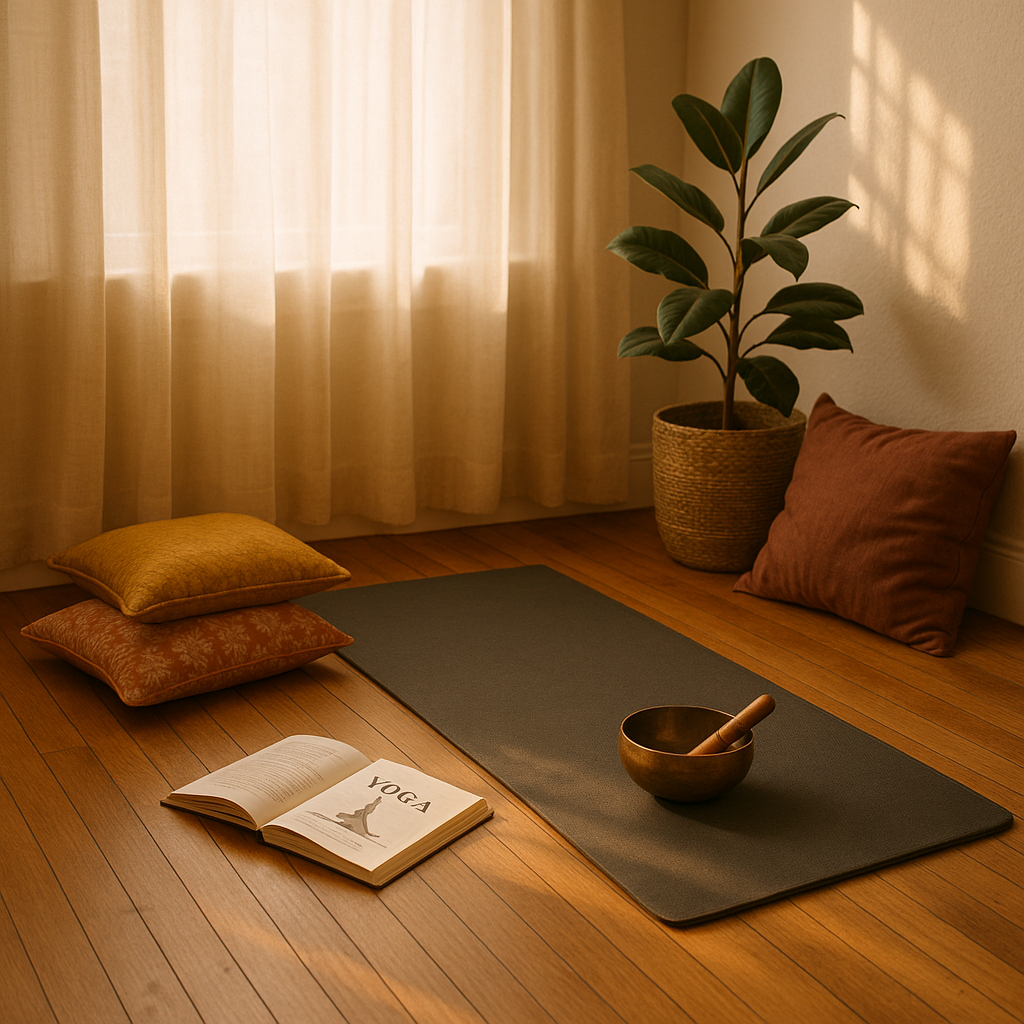 Coin de pratique de yoga à l'intérieur avec tapis, coussins et lumière douce.