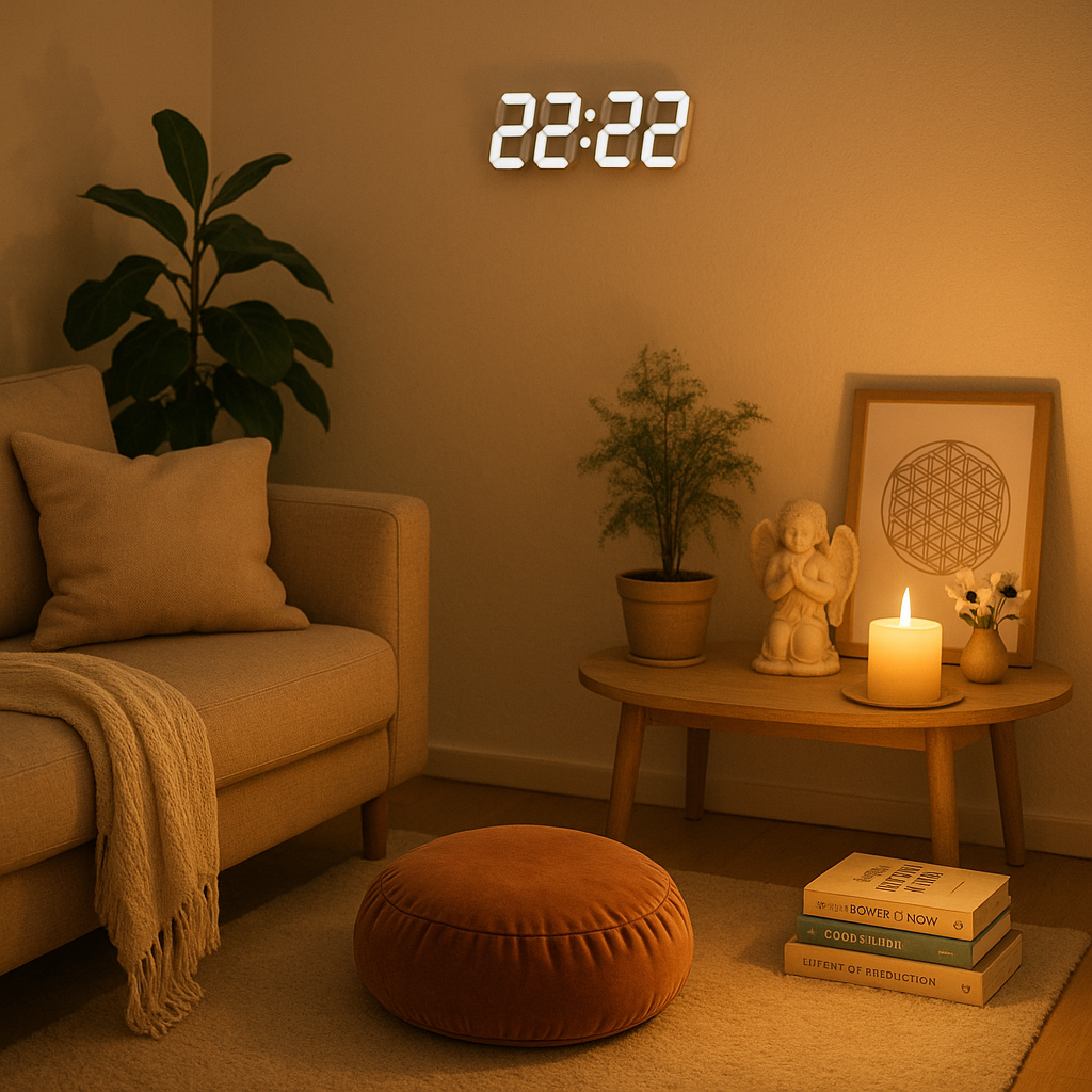 Coin de méditation avec coussin, livres sur la spiritualité, bougie, et horloge indiquant 22h22.