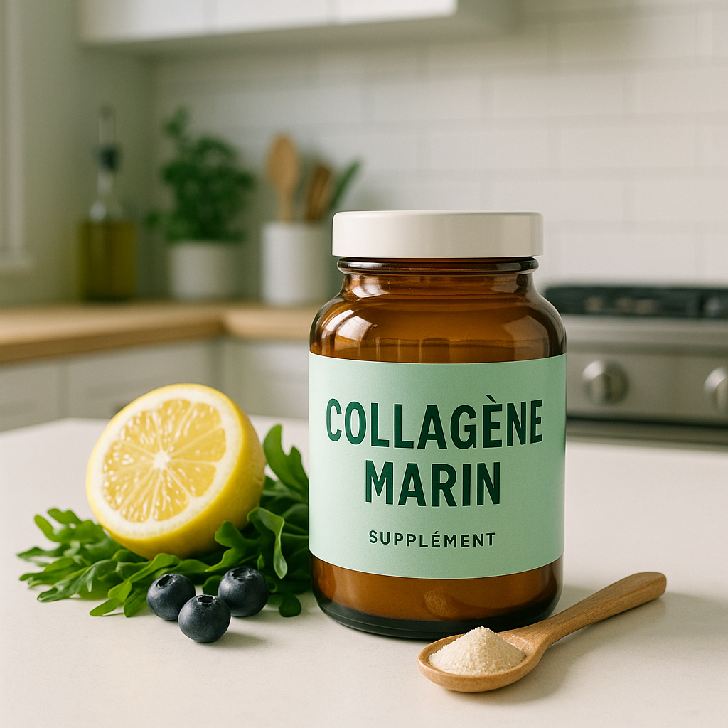 Flacon de collagène marin sur une cuisine moderne avec des ingrédients naturels tels que du citron et des algues.