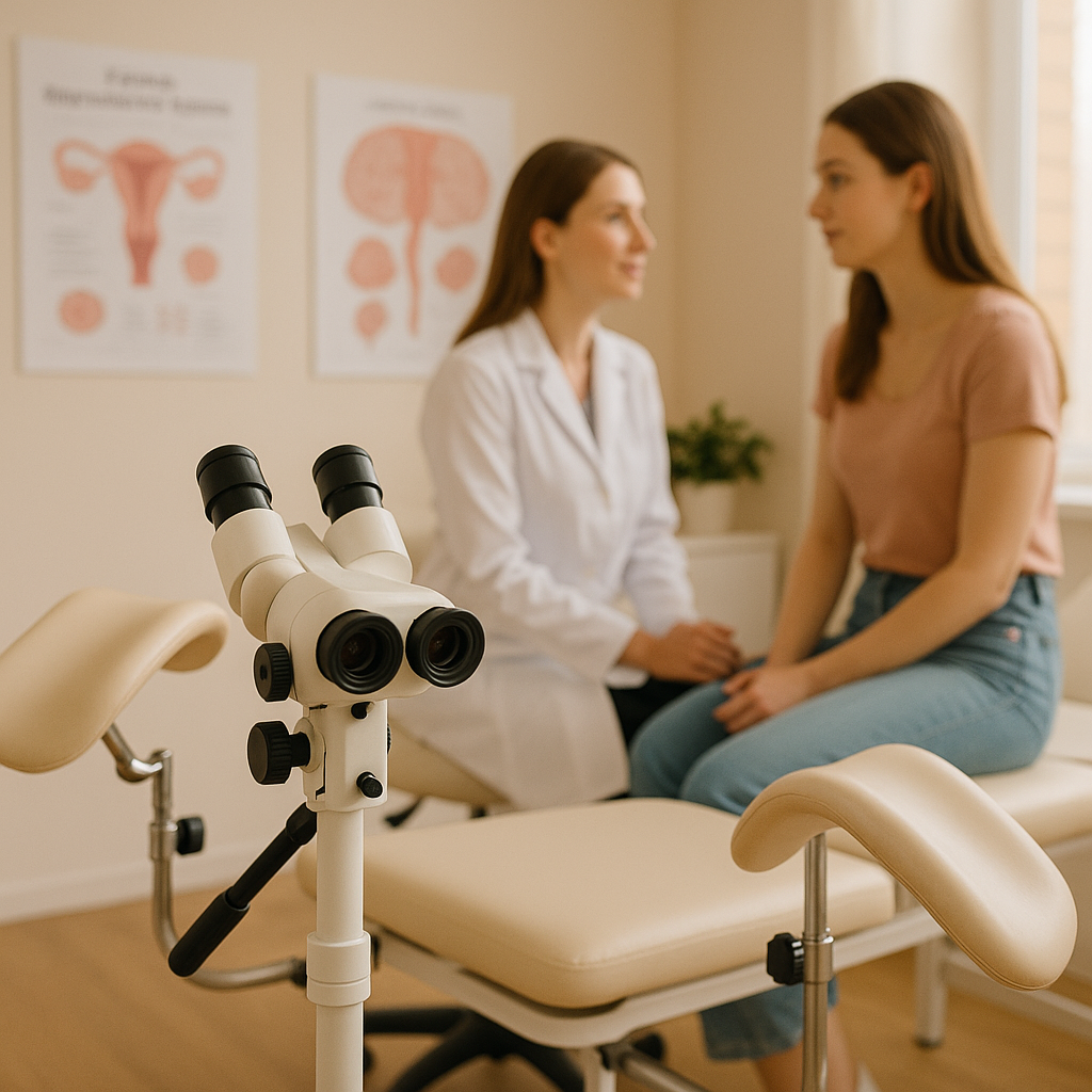 Une gynécologue et sa patiente dans une salle de consultation médicale.