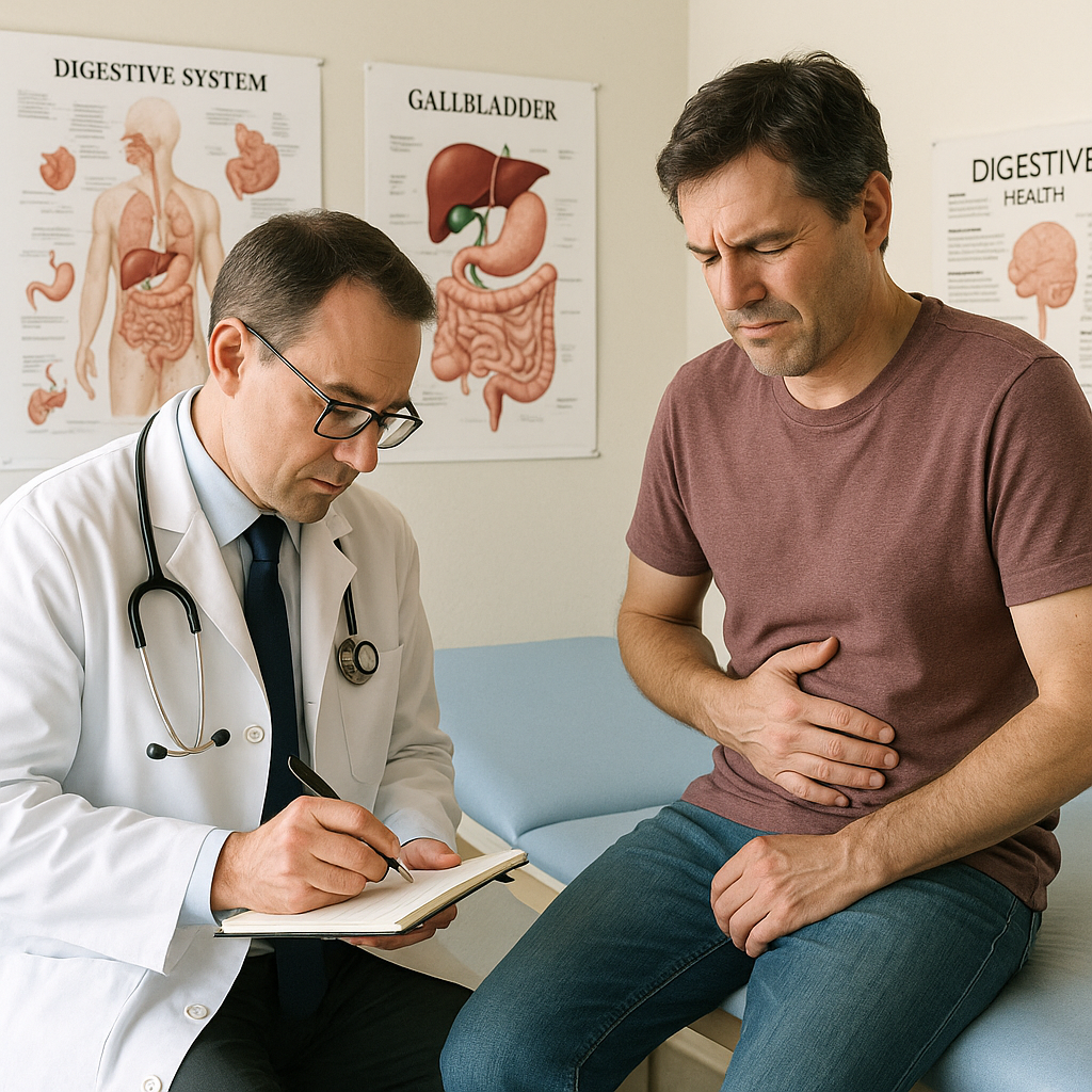 Consultation médicale entre un médecin et un patient souffrant de douleurs abdominales liées à la vésicule biliaire.
