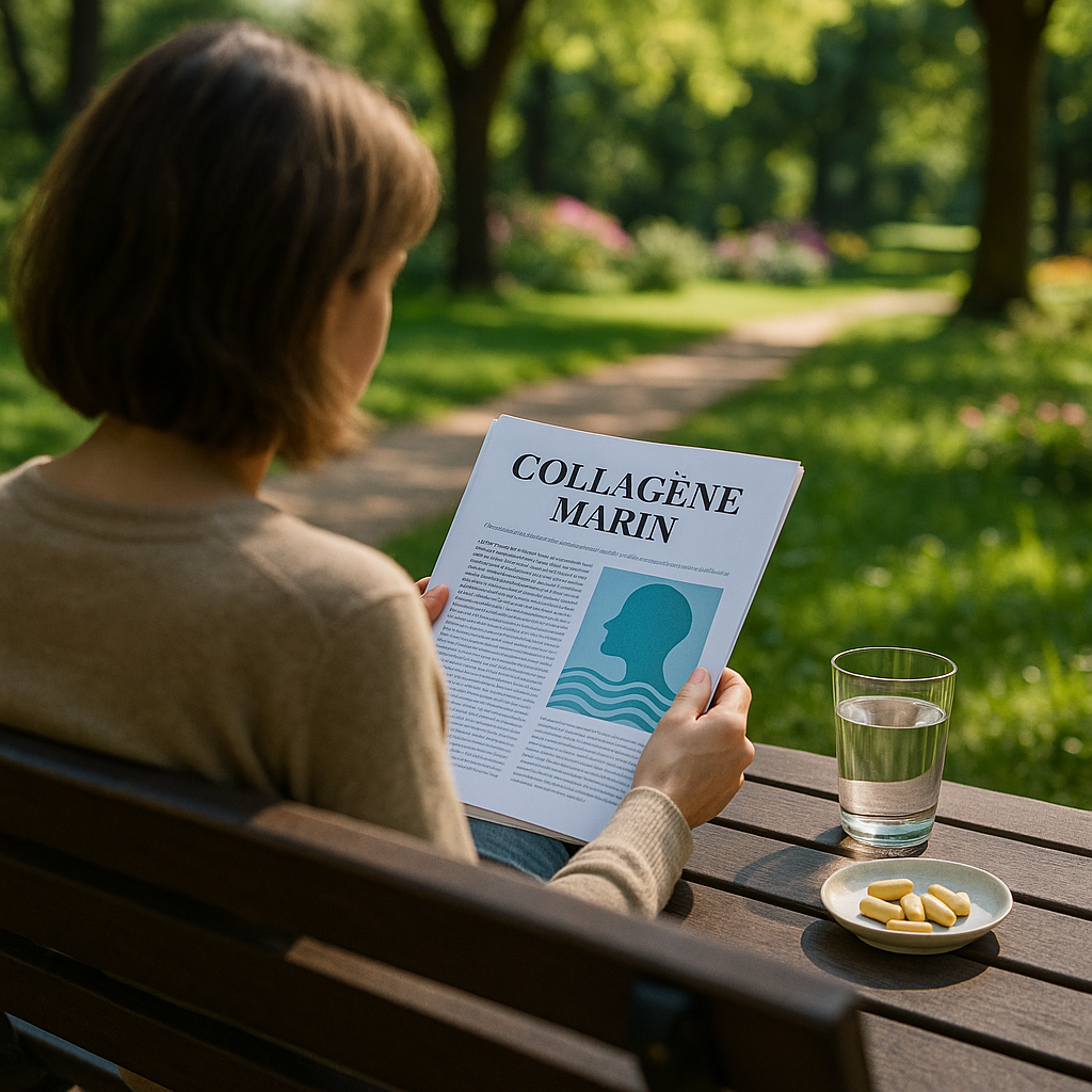 Scène d'une personne dans un parc consultant un article sur le collagène marin, entourée de nature.