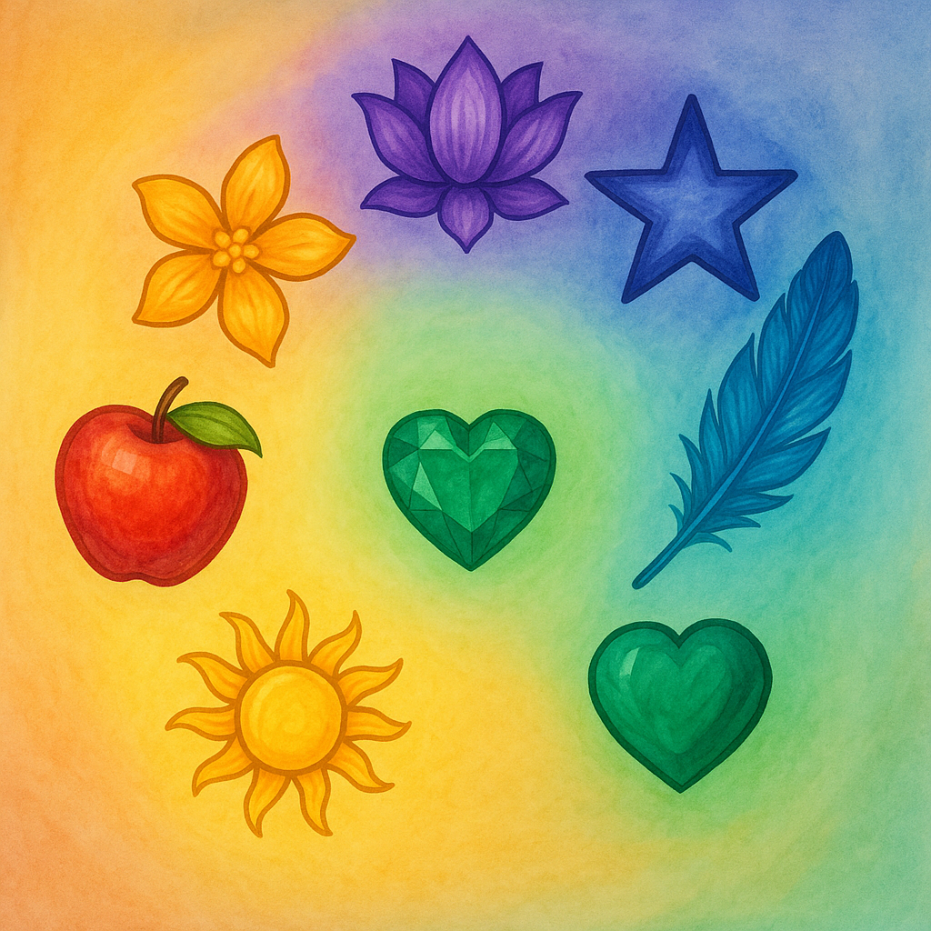 Illustration des sept couleurs des chakras avec des objets représentant chaque chakra disposés en cercle.