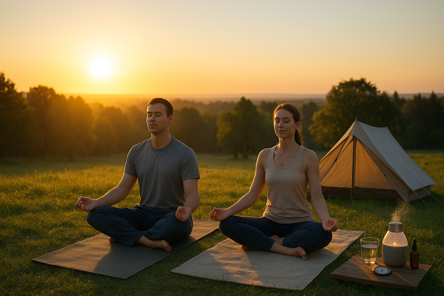 Couple faisant du yoga au lever du soleil
