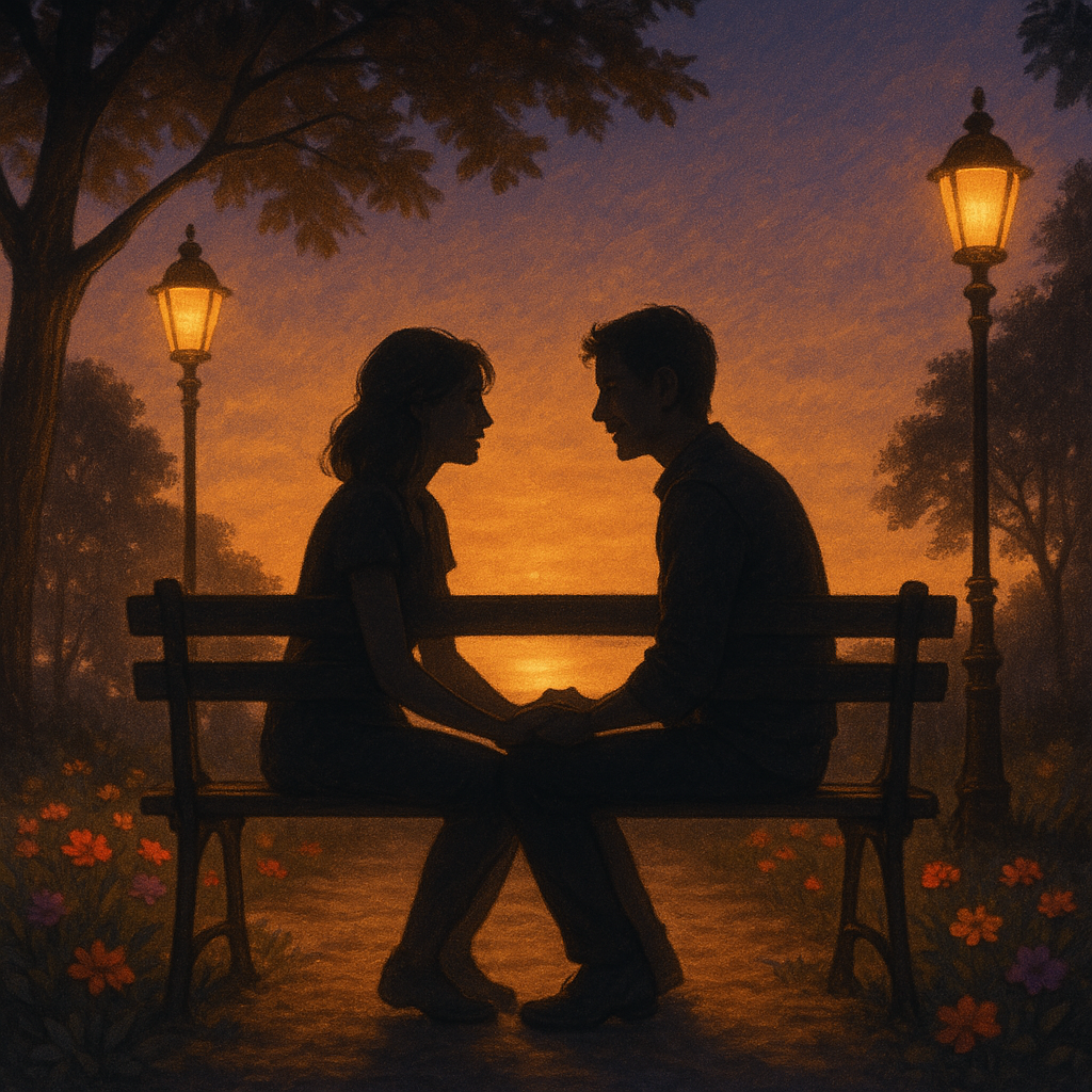 Un couple assis sur un banc dans un parc au crépuscule, symbolisant l'amour, la complicité et l'importance de la communication dans une relation.