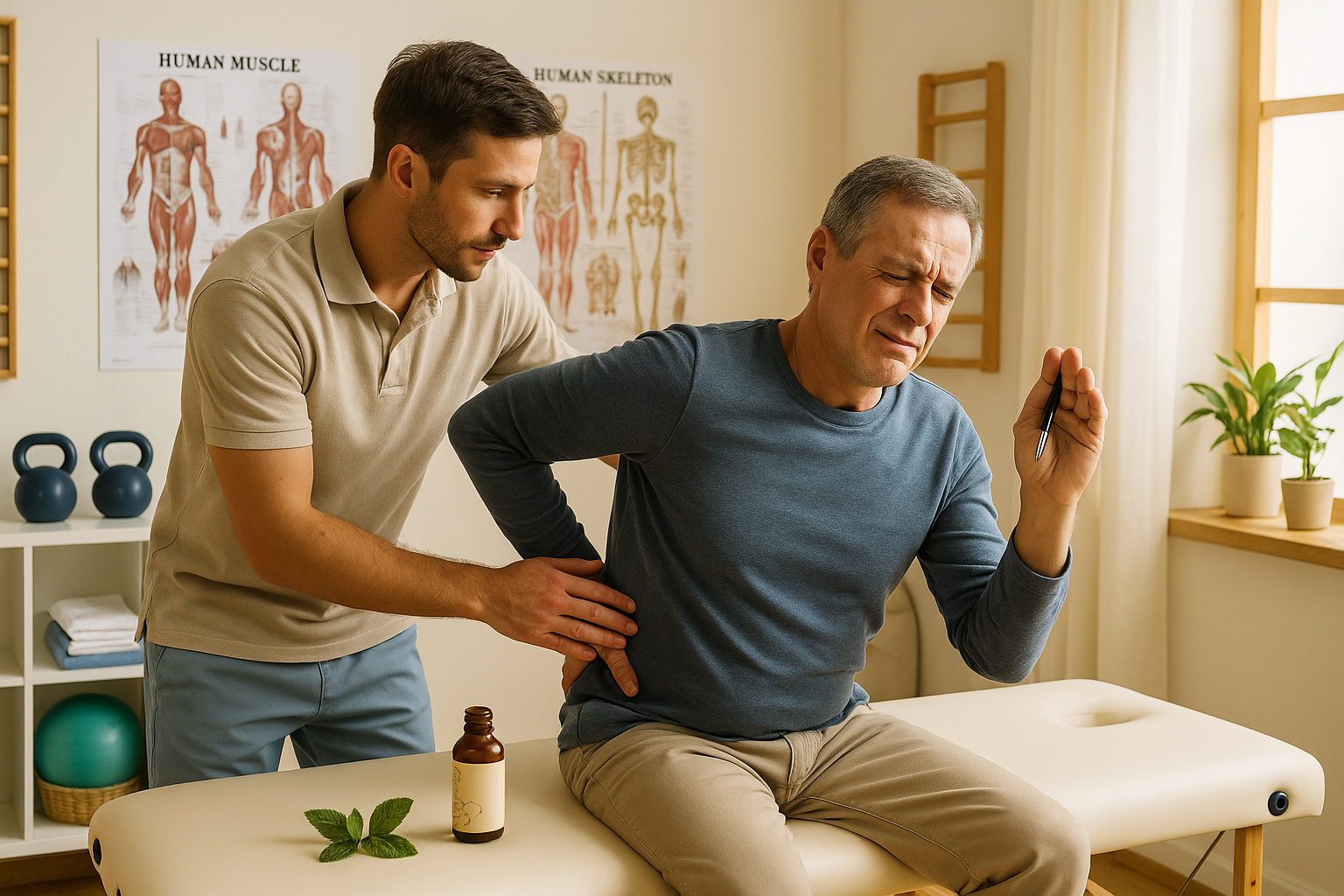 Scène de kinésithérapie avec un thérapeute aidant un patient.