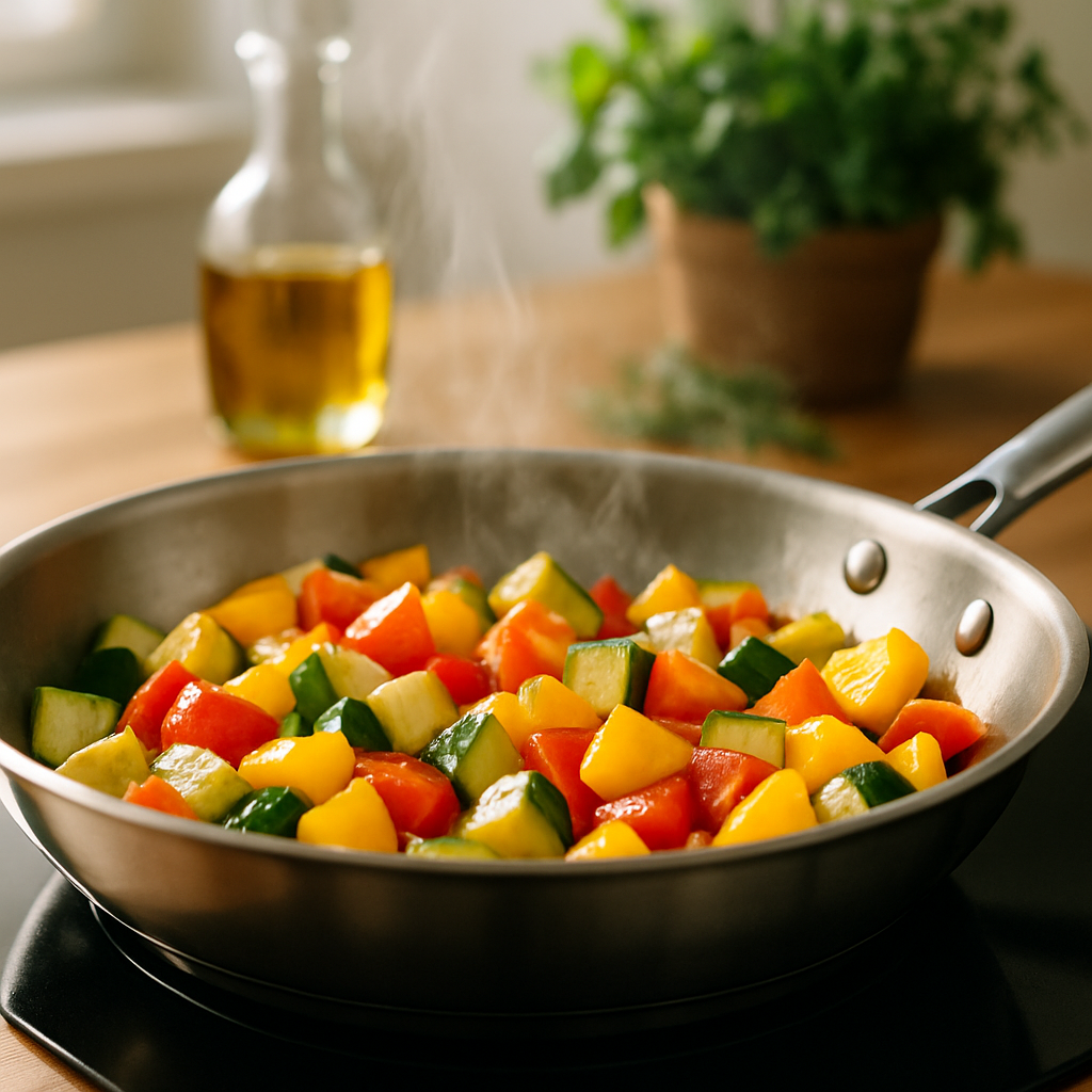 Poêle en inox cuisinant des légumes frais dans une cuisine bien éclairée.