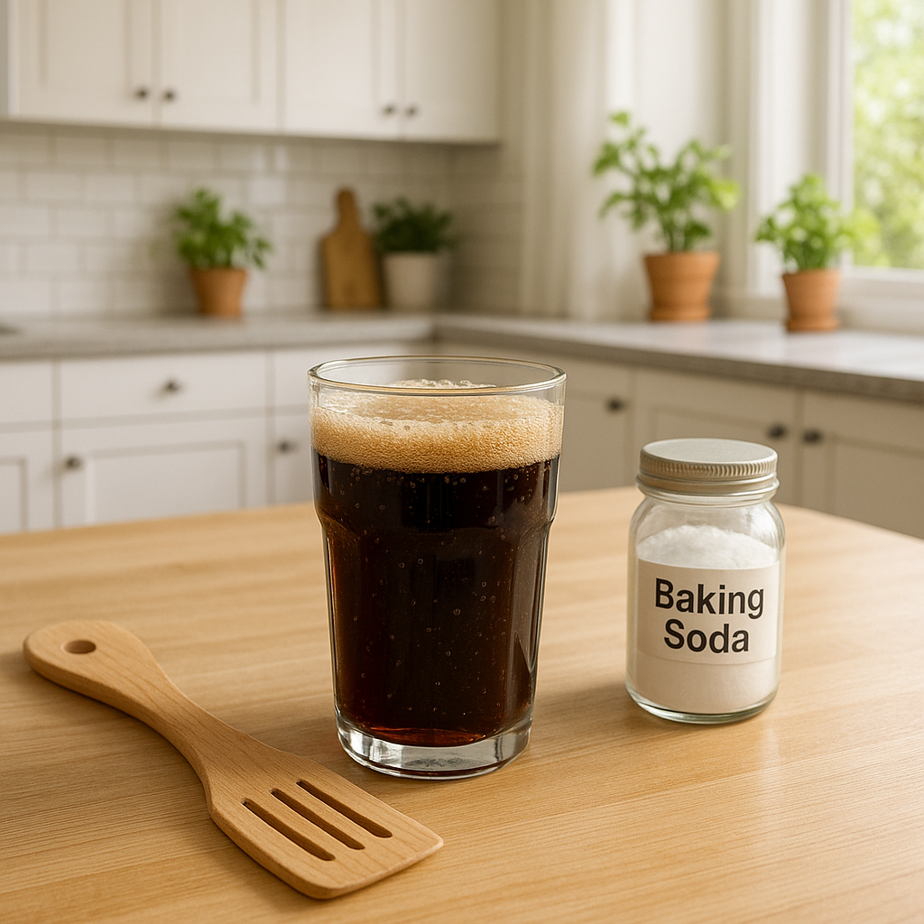 Une cuisine moderne avec un récipient de Coca-Cola et des objets ménagers, symbolisant des solutions naturelles contre les rats.