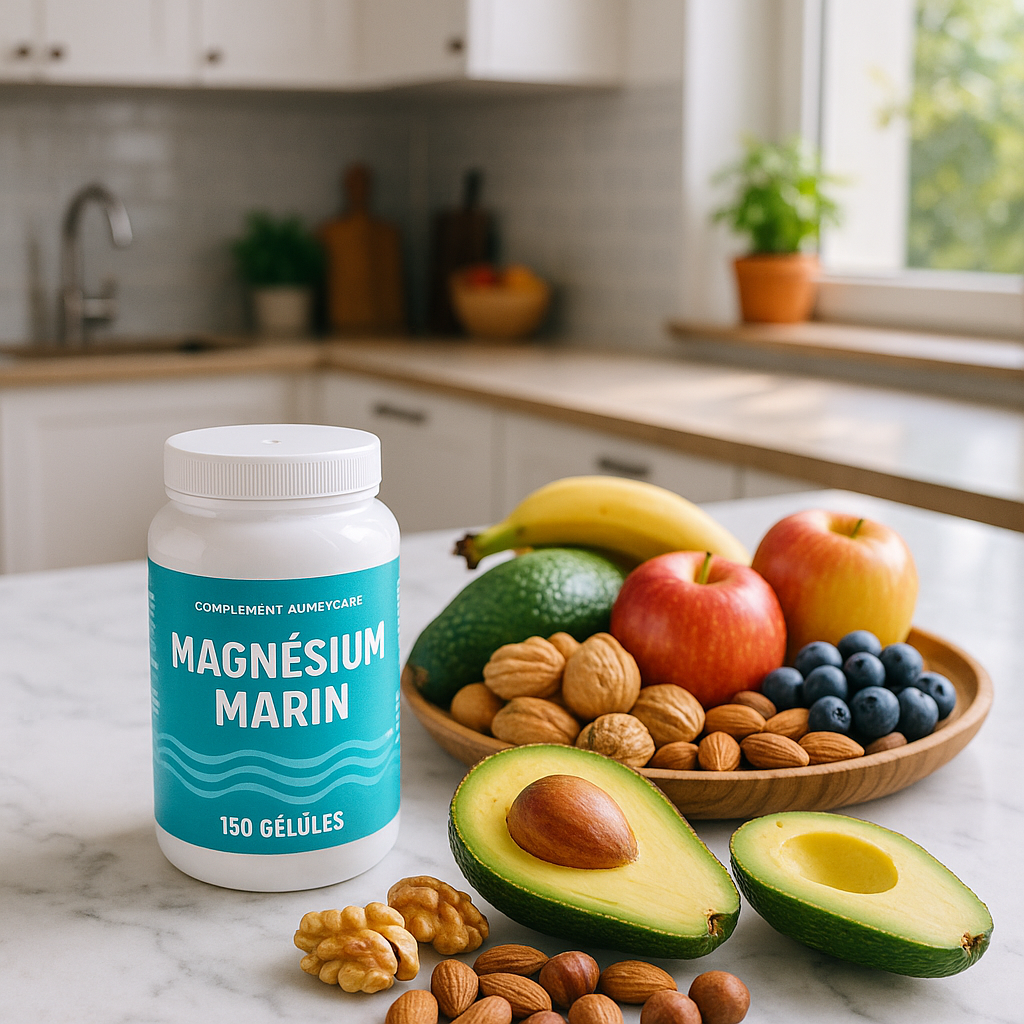 Comptoir de cuisine moderne avec shaker de magnésium marin et ingrédients sains comme des avocats et des fruits.