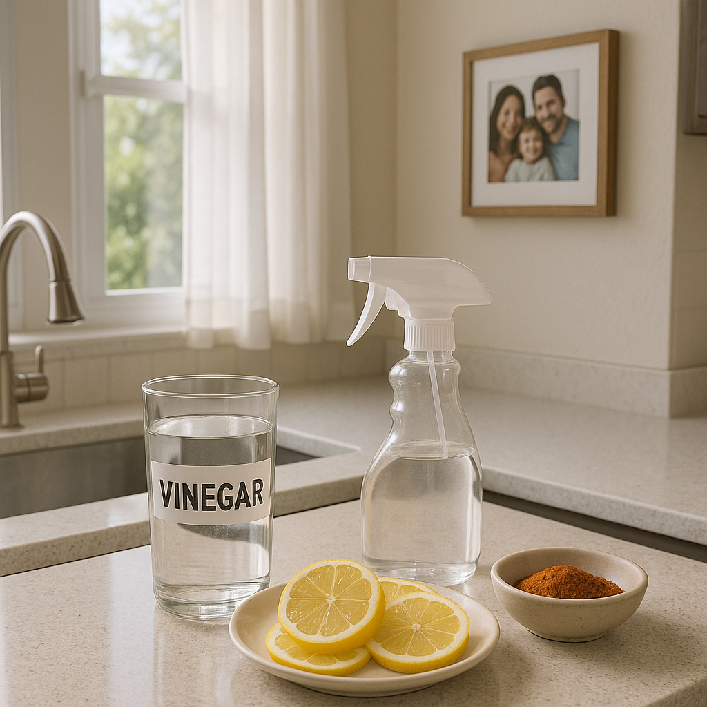 Coin de cuisine moderne avec des remèdes naturels pour éloigner les souris, incluant vinaigre blanc et citron.