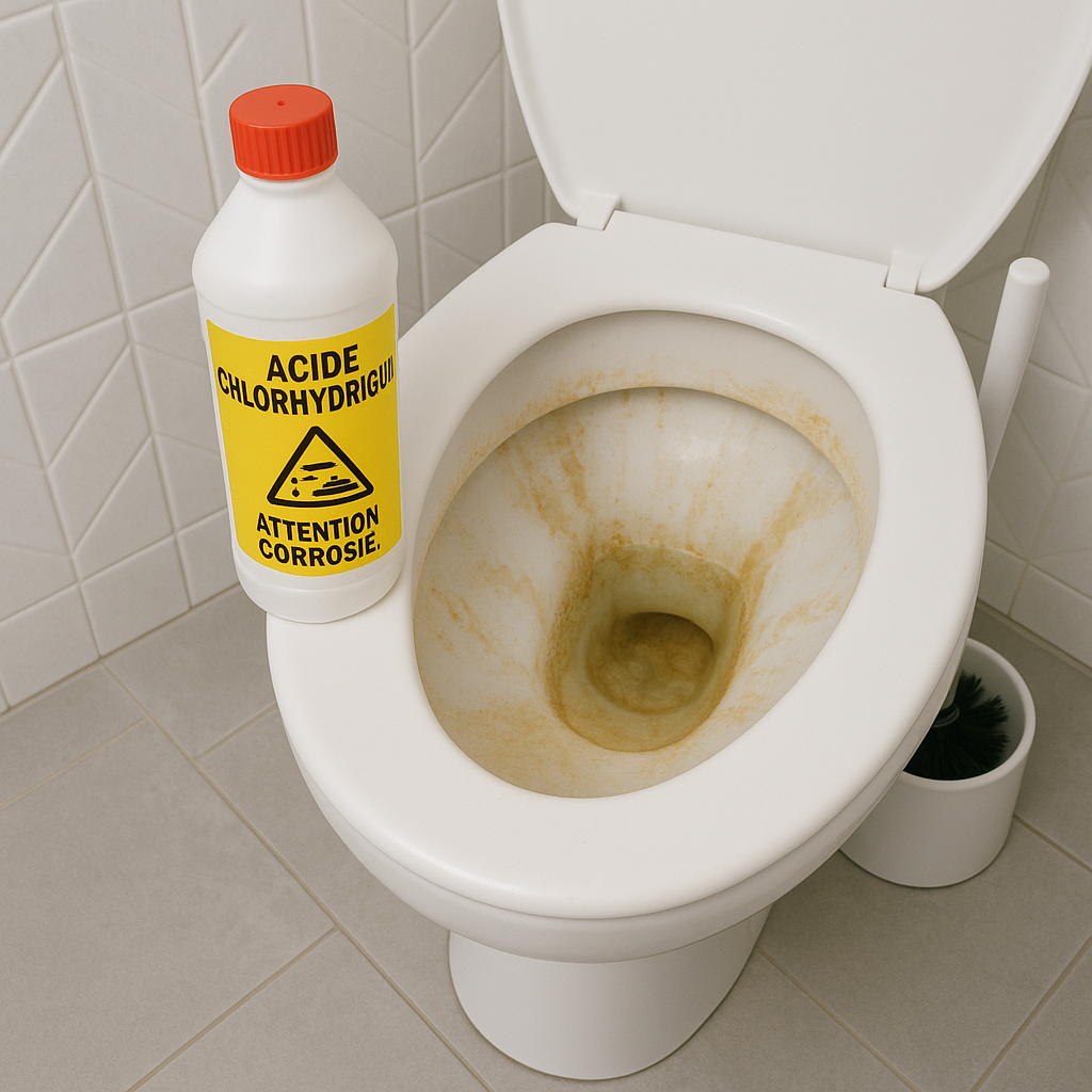 Cuvette de toilettes avec tartre et flacon d'acide chlorhydrique