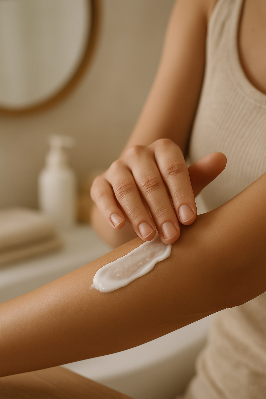 Application de crème Dexeryl sur un avant-bras, illustrant son utilisation quotidienne dans un cadre de soin.