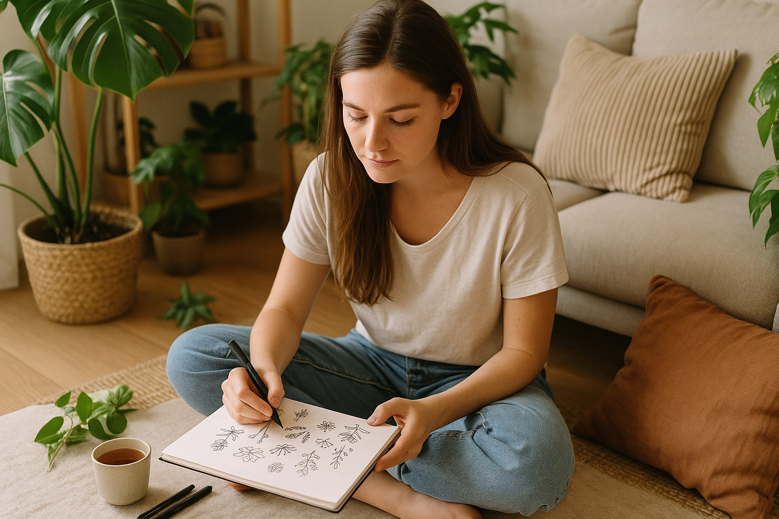 Femme assise par terre dessinant une fleur au feutre noir dans un carnet, ambiance calme et chaleureuse