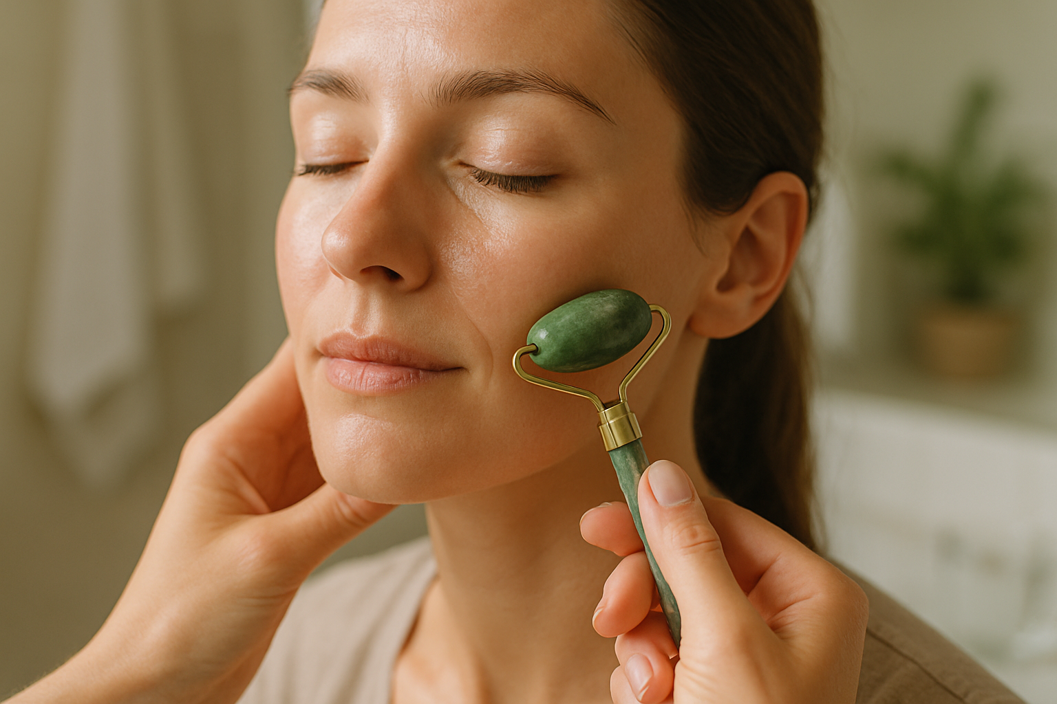 Massage du visage au rouleau de jade pour favoriser le drainage