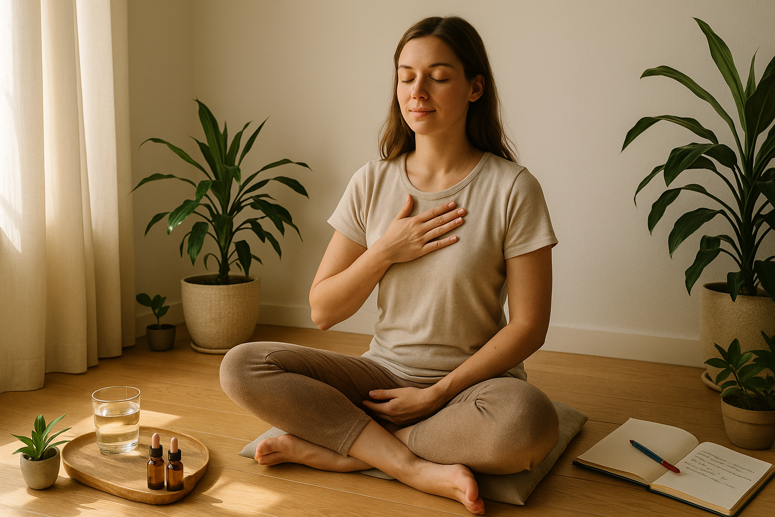 Femme en pleine respiration consciente dans un espace apaisant