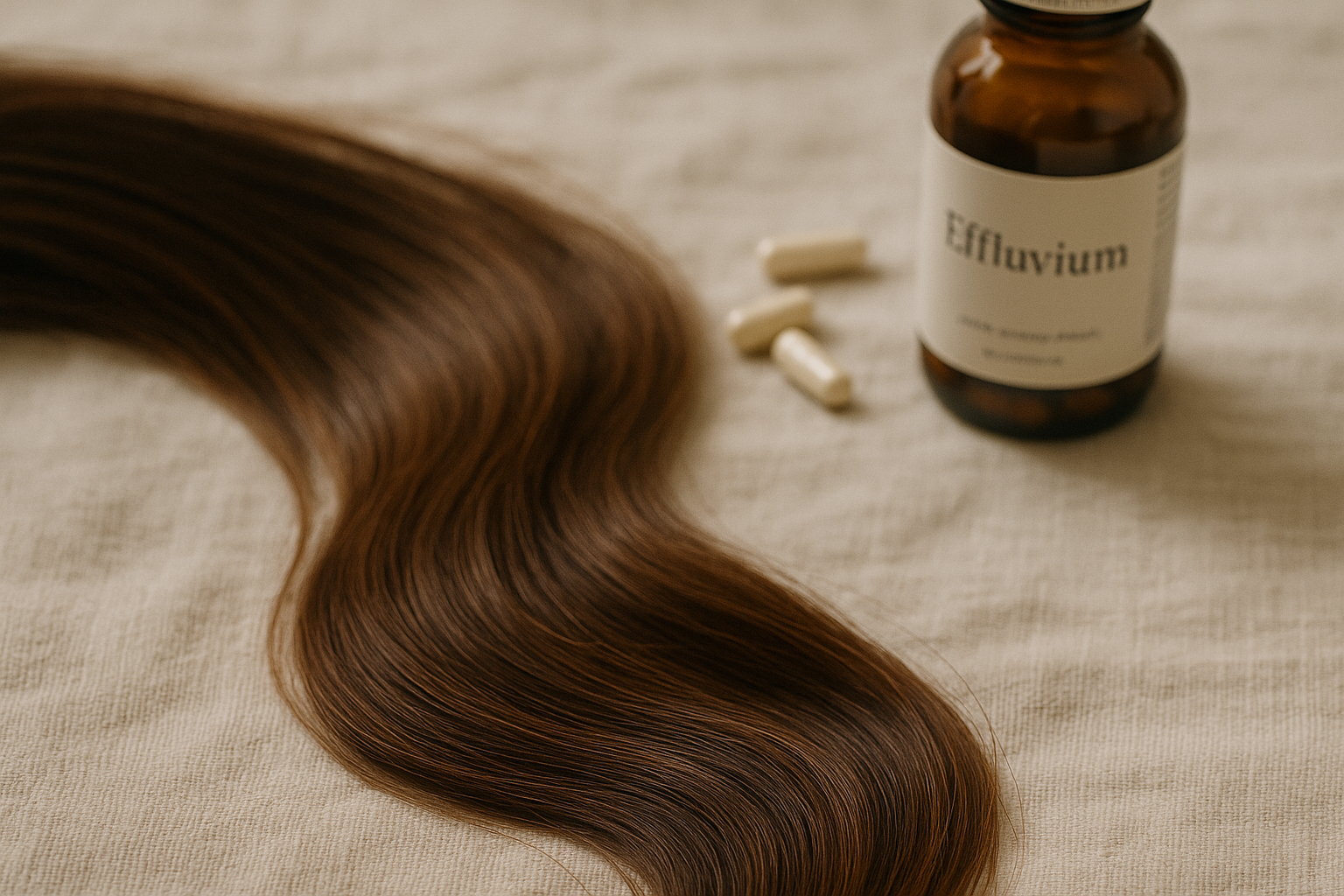 Gros plan sur des cheveux brillants et sains avec des capsules de compléments alimentaires Effluvium en arrière-plan.